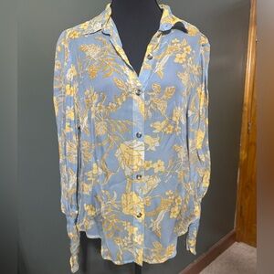 Free People Mesh Blue & Yellow Floral Button Down